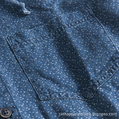 Indigo Blue Dotted Printed Shirt Jacket med huva